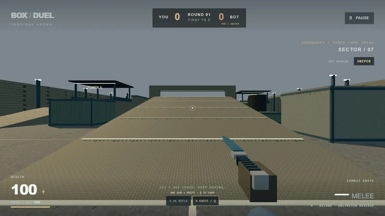 Box Duel gameplay: a combat knife in a three-lane arena
