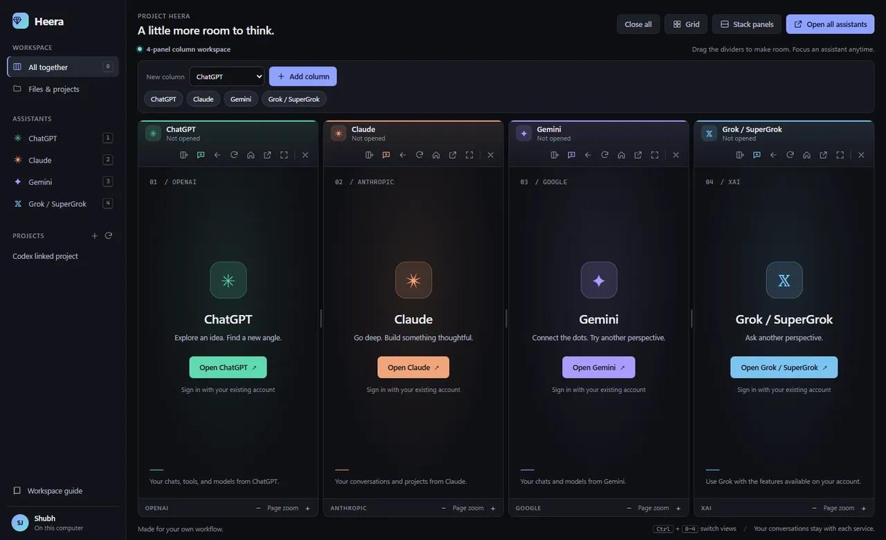 Project Heera showing ChatGPT, Claude, Gemini and Grok side by side